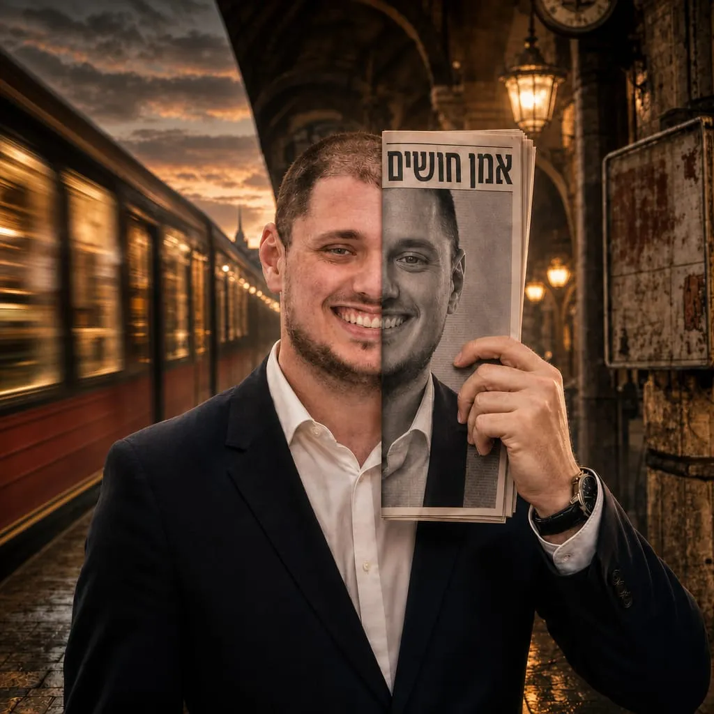 יהונתן לביא בתחנת רכבת, חצי מפניו מכוסה בעיתון שעליו מודפס דיוקנו