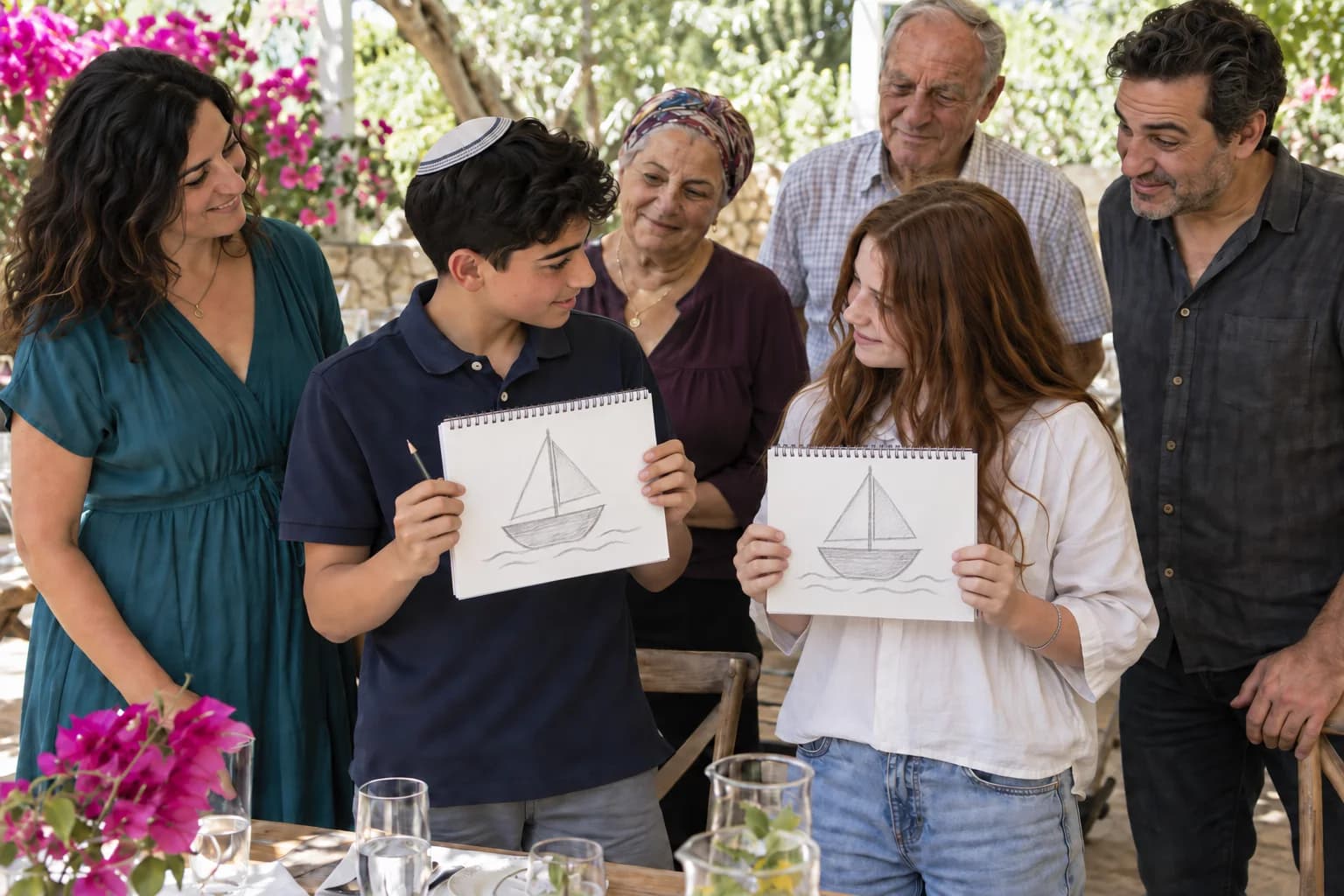 שני החברים מציגים ציורי סירת מפרש תואמים, ובני המשפחה צופים בהם