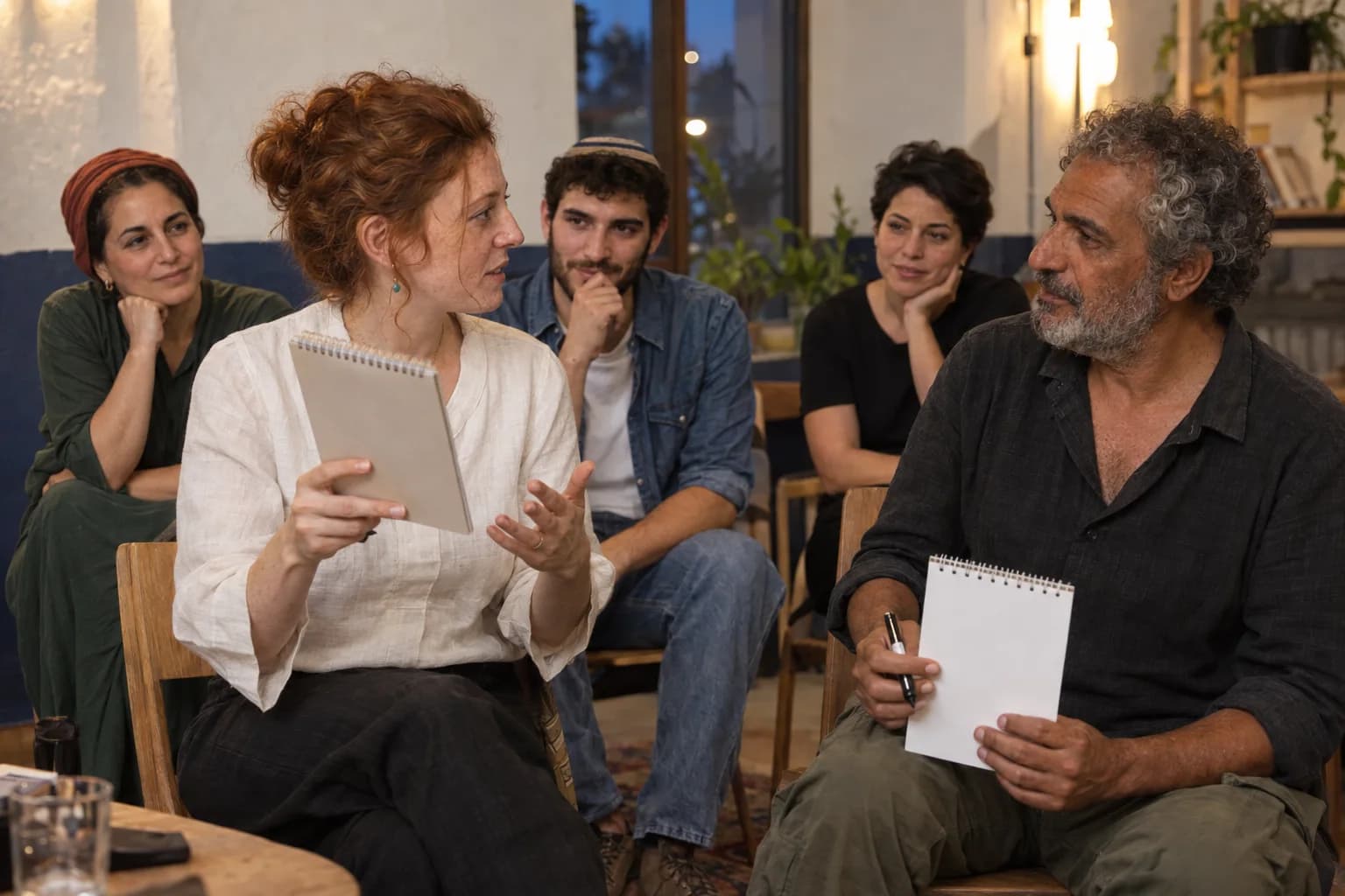 אישה בחולצה לבנה מסתירה את הציור מהגבר בחולצה כהה, שמחזיק טוש ופנקס משלו