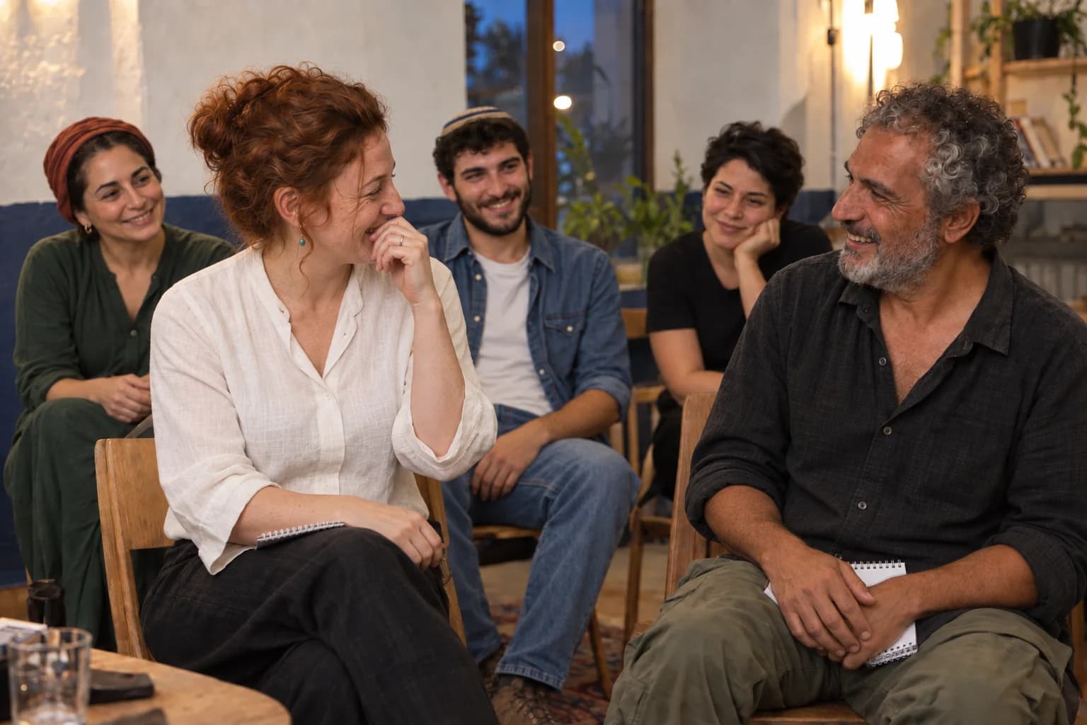 שני המשתתפים הניחו את הפנקסים על הברכיים ומשוחחים עם האנשים שסביבם