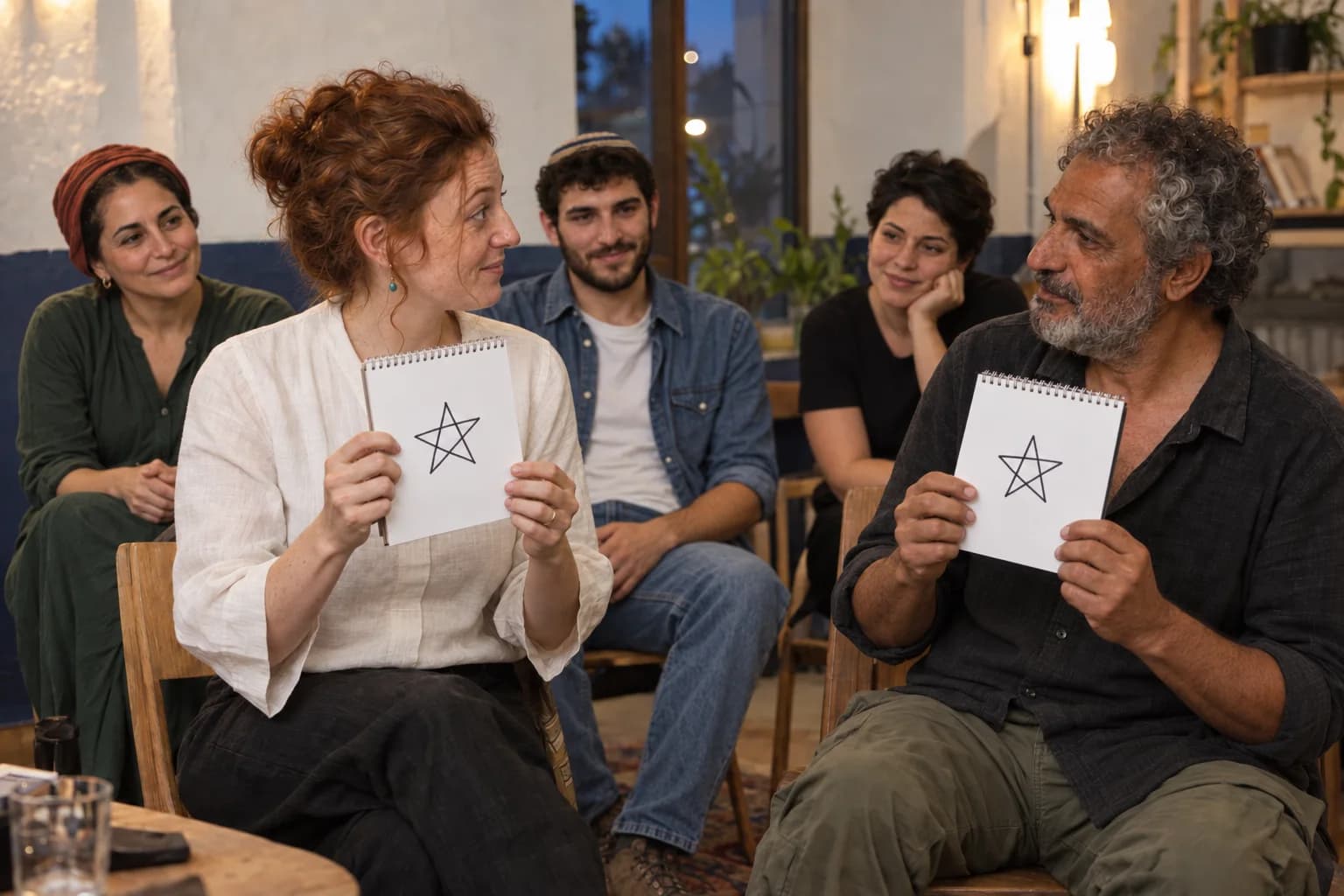משתתפים מאוירים מציגים ציורים תואמים ומגיבים זה לזה