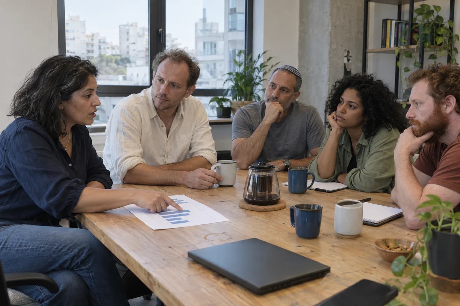 חמישה עמיתים דמיוניים בישיבה; אישה בחולצה כחולה מסבירה תרשים לגבר בחולצה בהירה