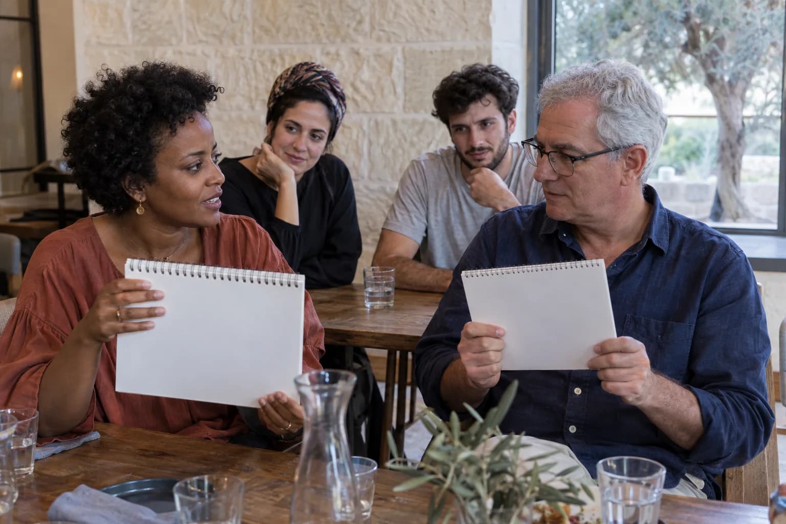 מפגש מאויר באירוע בינלאומי, שבו שני אורחים מתכוננים לרגע של גילוי ציור