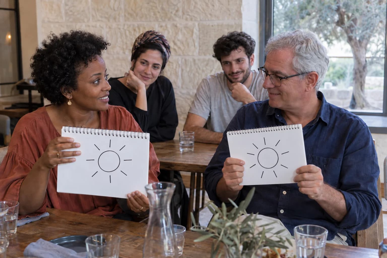 שני אורחים מאוירים מציגים ציורי שמש תואמים