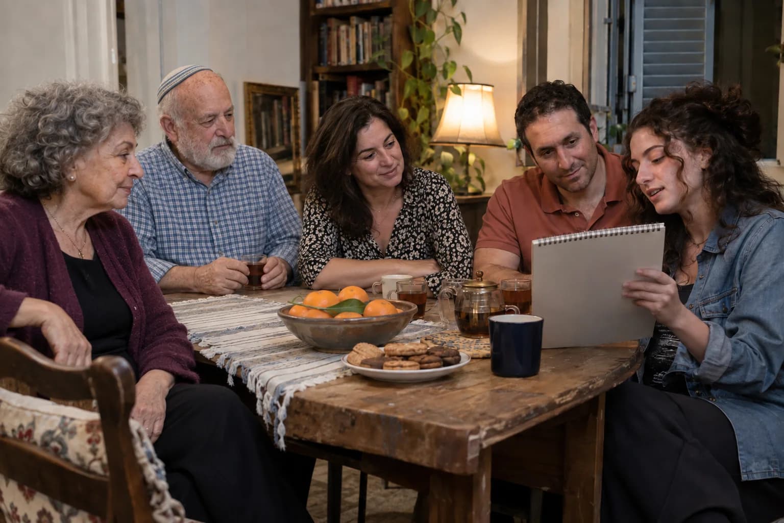 חמישה אנשים יושבים סביב שולחן בבית, וצעירה מחזיקה פנקס ציור