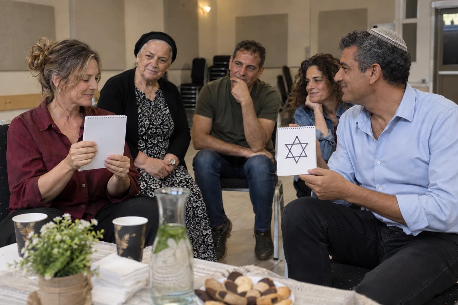 אורחת מסתכלת על ציור כוכב שמחזיק אדם אחר