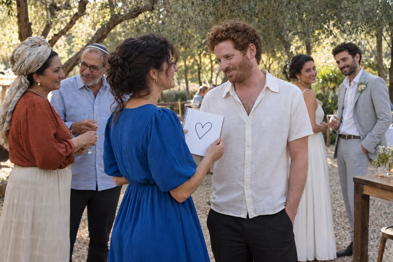 אורחת מציגה ציור לב לאורח אחר, כשהזוג והאורחים מסביב צופים