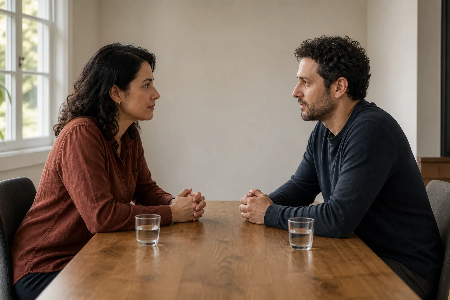 שני מבוגרים בדיוניים שומרים על קשר עין מעבר לשולחן פשוט, כששתי הפנים, הידיים ופלגי הגוף העליונים נראים בחדר ניטרלי