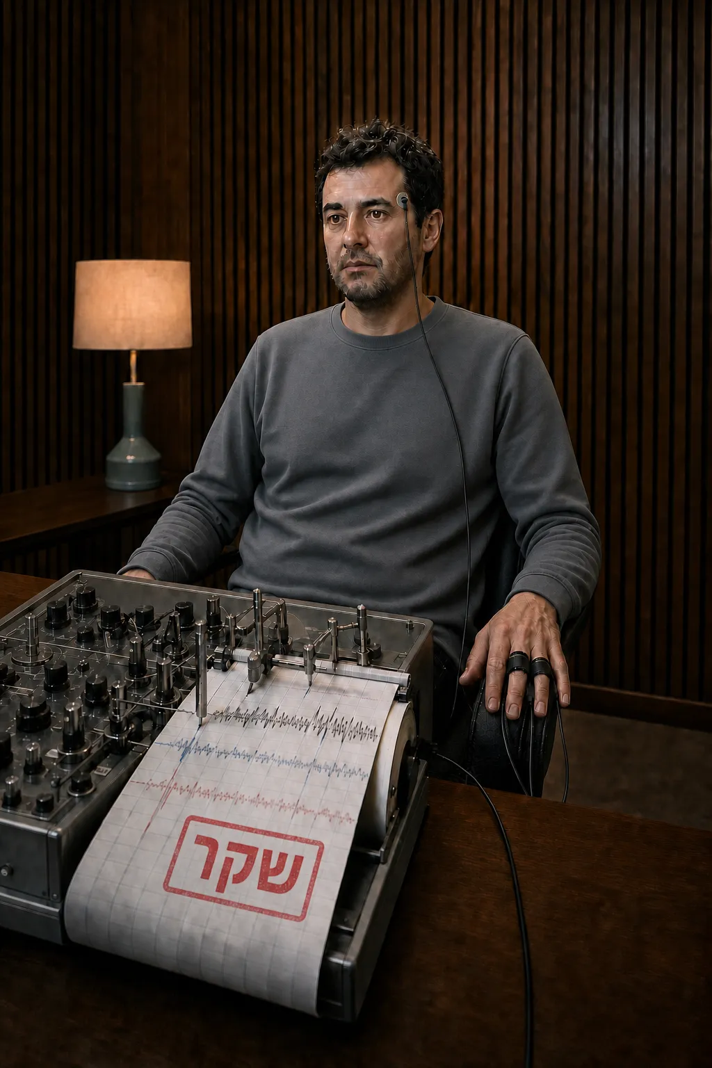 גבר רגוע עם הבעה קשובה וקשה לפענוח מחובר לפוליגרף אנלוגי עכשווי; מחטים מכניות מציירות קווים גליים על נייר שעליו מודפסת המילה שקר