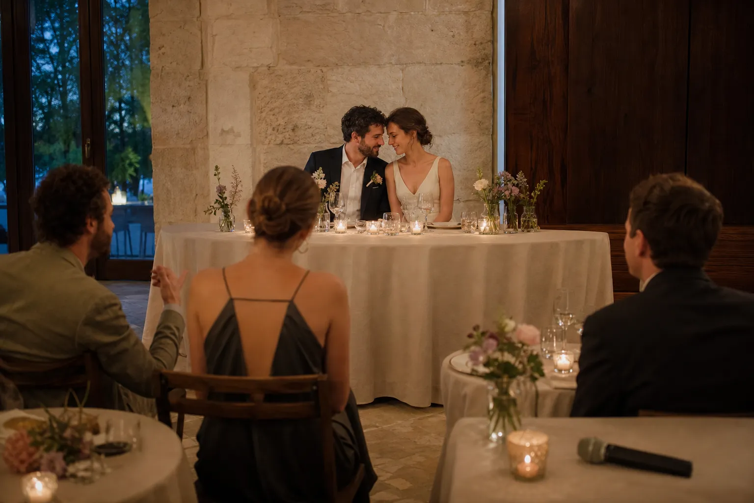 סצנת חתונה מבוימת ובה זוג בדיוני במרכז, שלושה אורחים היושבים בקשת עדינה ומיקרופון המונח בשולי התמונה